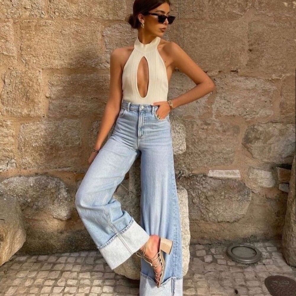 Zara Cream Bodysuit Knit Cut Out Halter Neck Size XL